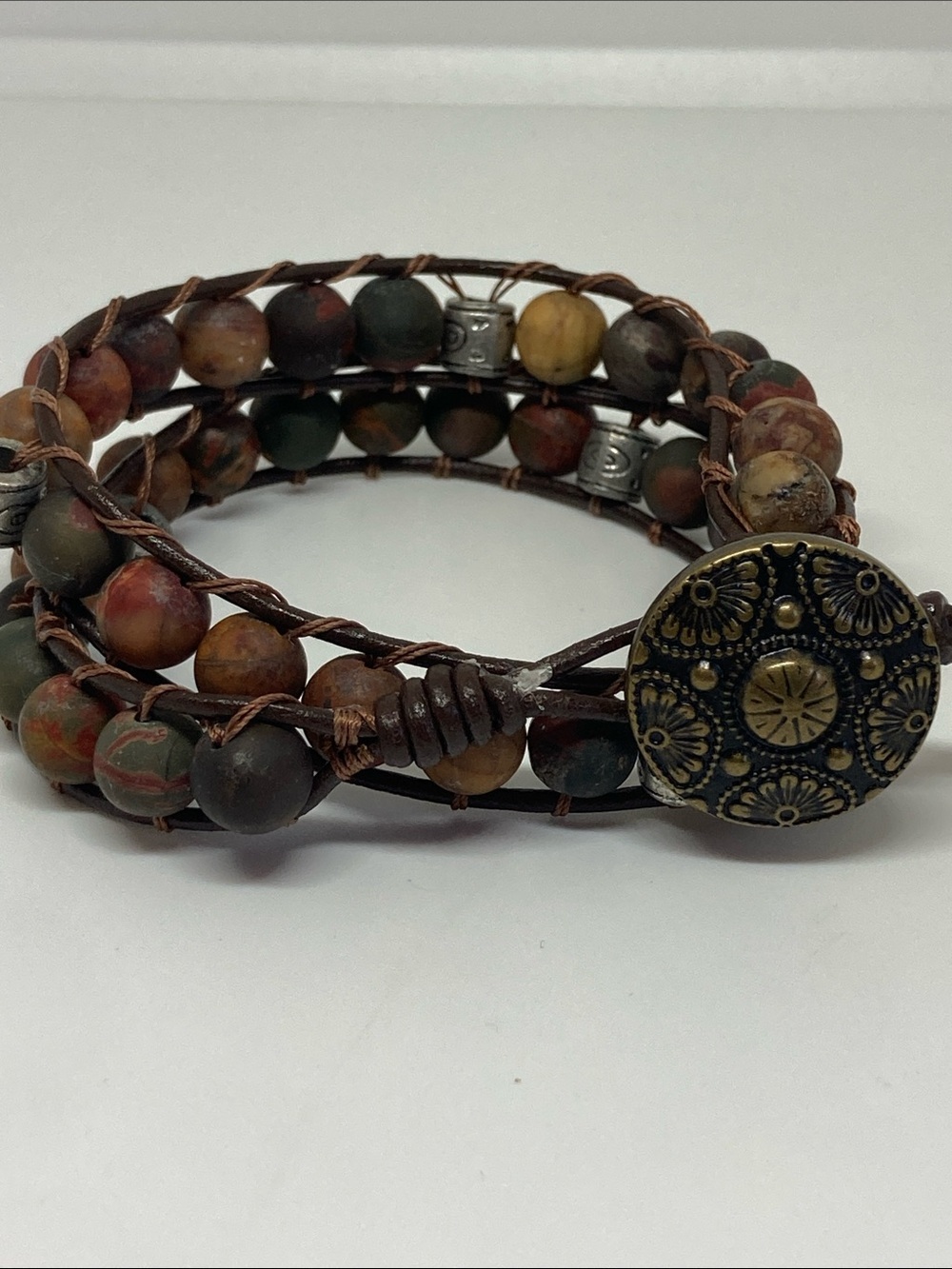 Handmade Multicolor Beaded Wrap Bracelet with Antique Button Closure